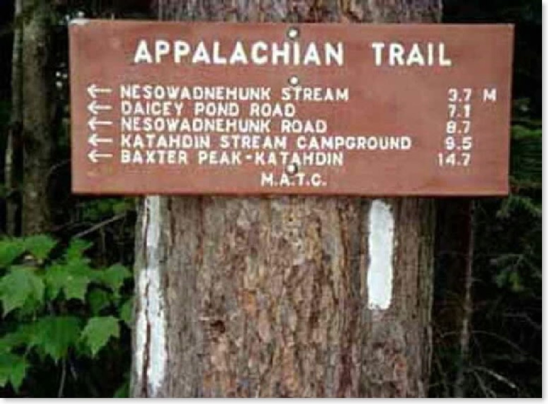 14.7 MM. Half-mile north of Abol Bridge, the AT leaves the road. Here is the trail sign at that intersection for the last 14.7 miles of the Appalachian Trail. Courtesy askus3@optonline.net